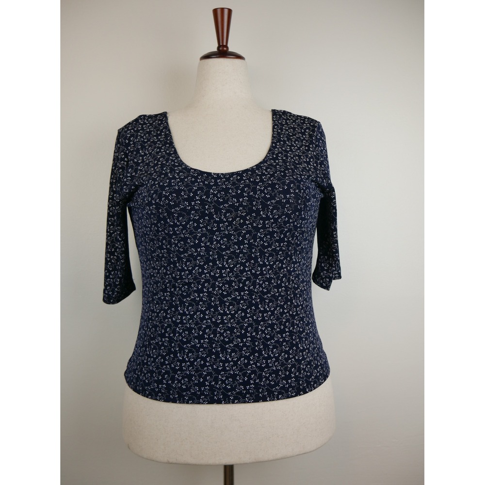 Fashion Bug Navy Blue Floral Scoop Neck Top Vintage 90s Elbow Sleeve Medium